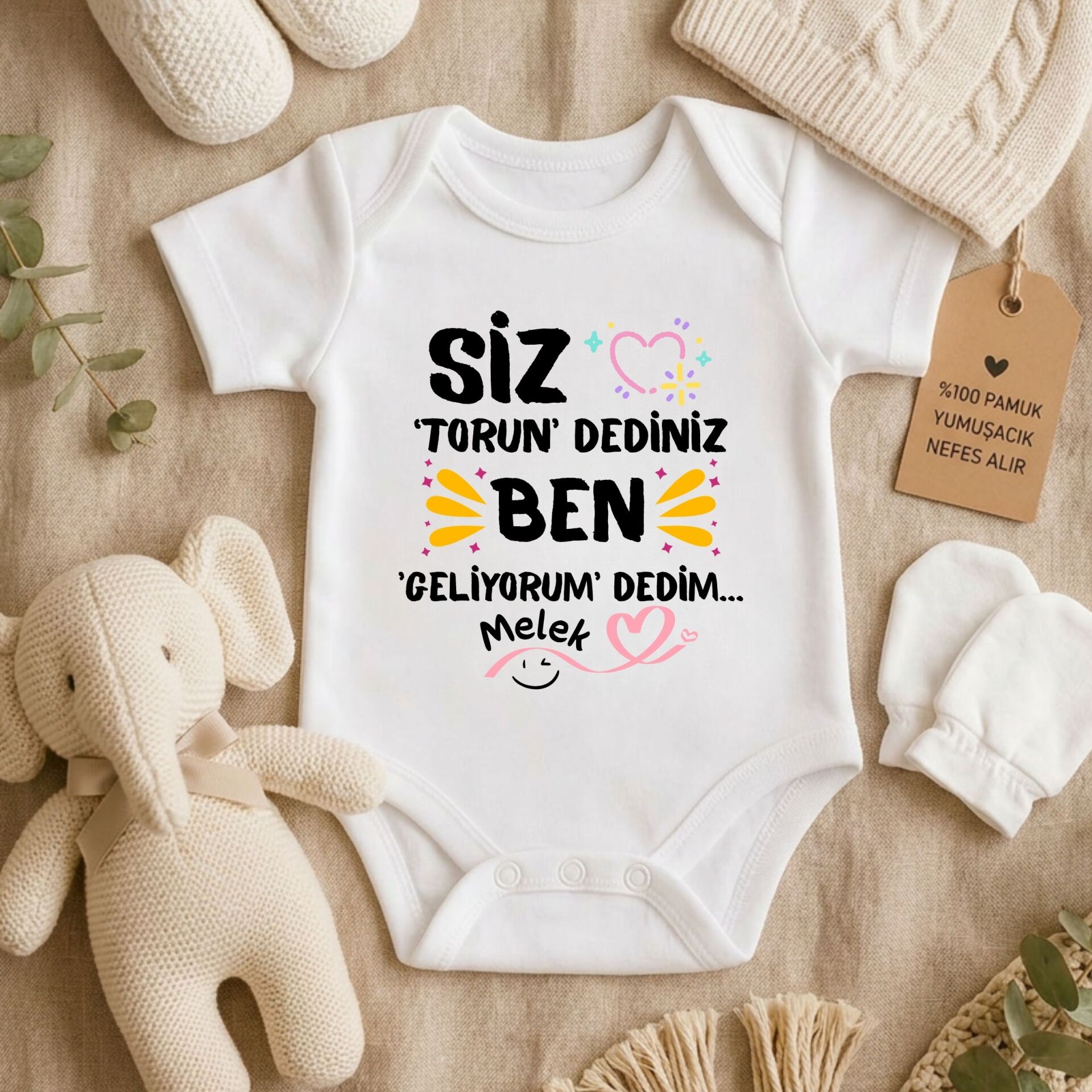 Kişiye Özel İsimli Bebek Zıbın - Siz Torun Dediniz Ben Geldim Yazılı %100 Pamuklu Bebek Body