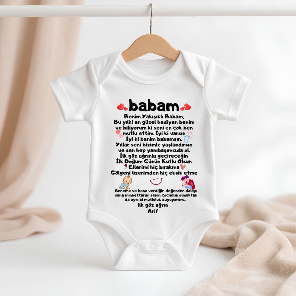 Kişiye Özel Babaya Doğum Günü Hediyesi Bebek Zıbın %100 Pamuk Mektup Yazılı Bebek Body