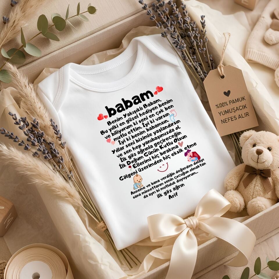 Kişiye Özel Babaya Doğum Günü Hediyesi Bebek Zıbın %100 Pamuk Mektup Yazılı Bebek Body