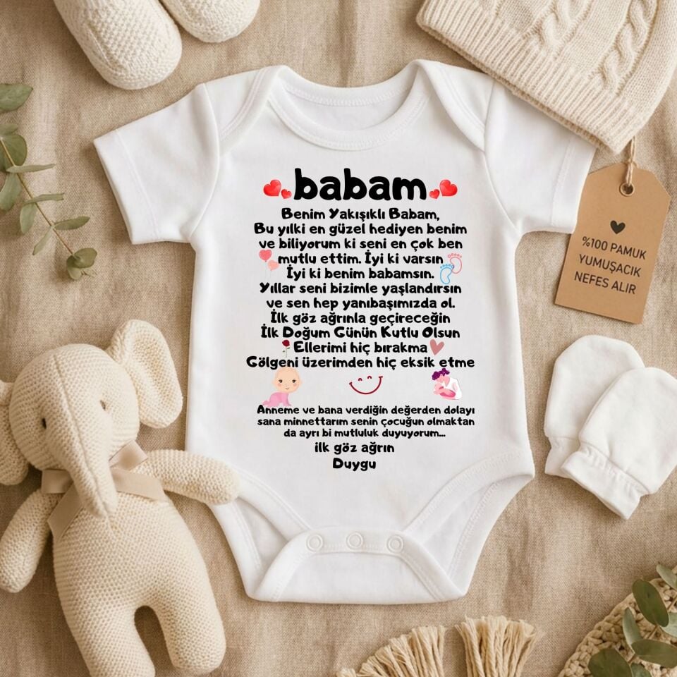 Kişiye Özel Babaya Doğum Günü Hediyesi Bebek Zıbın %100 Pamuk Mektup Yazılı Bebek Body
