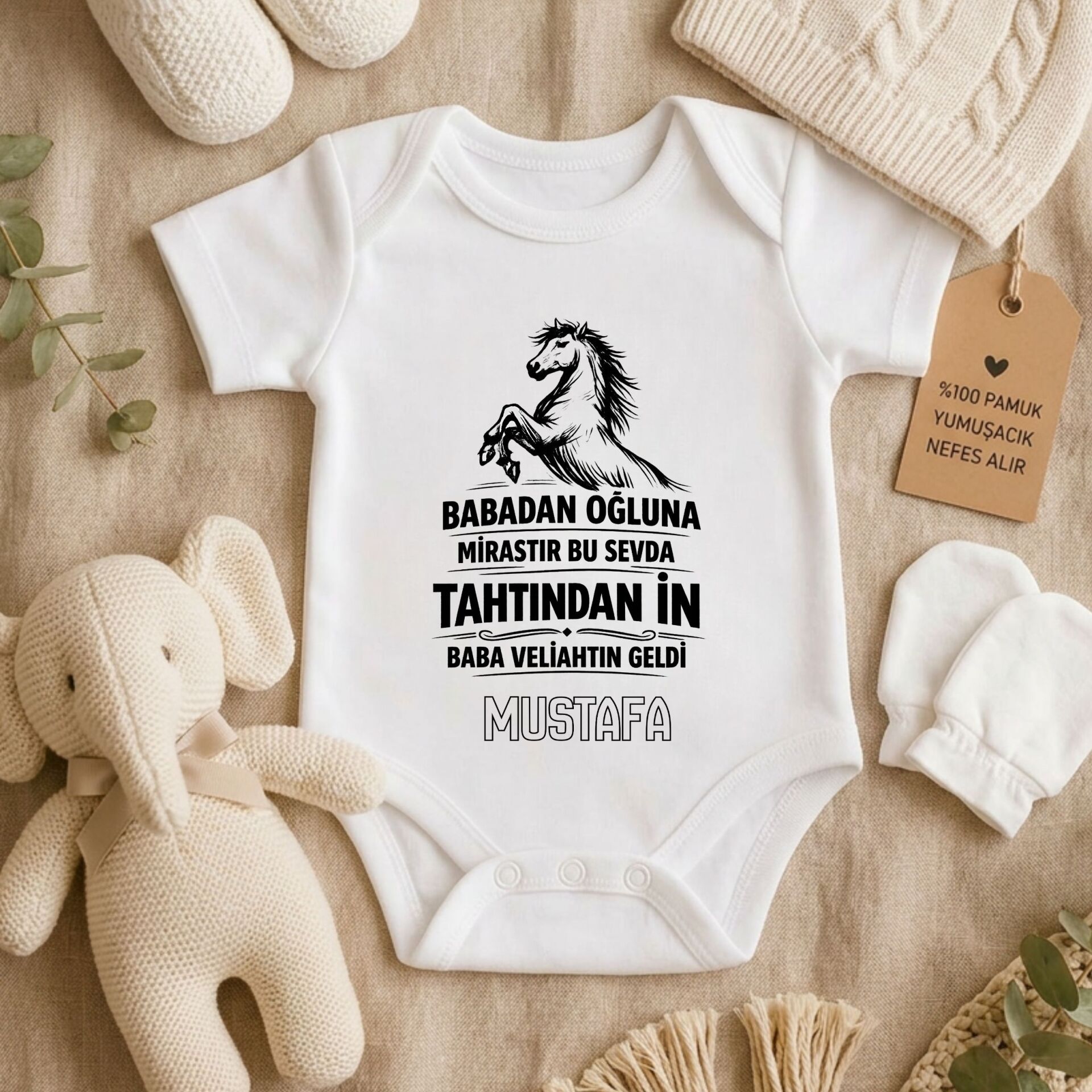 Kişiye Özel Veliahtın Geldi Bebek Zıbını Babadan Oğluna Miras At Figürlü Pamuklu Bebek Body