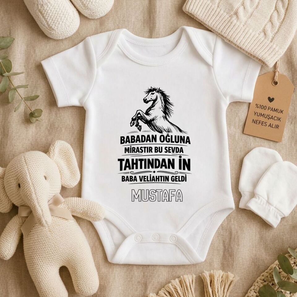 Kişiye Özel Veliahtın Geldi Bebek Zıbını Babadan Oğluna Miras At Figürlü Pamuklu Bebek Body