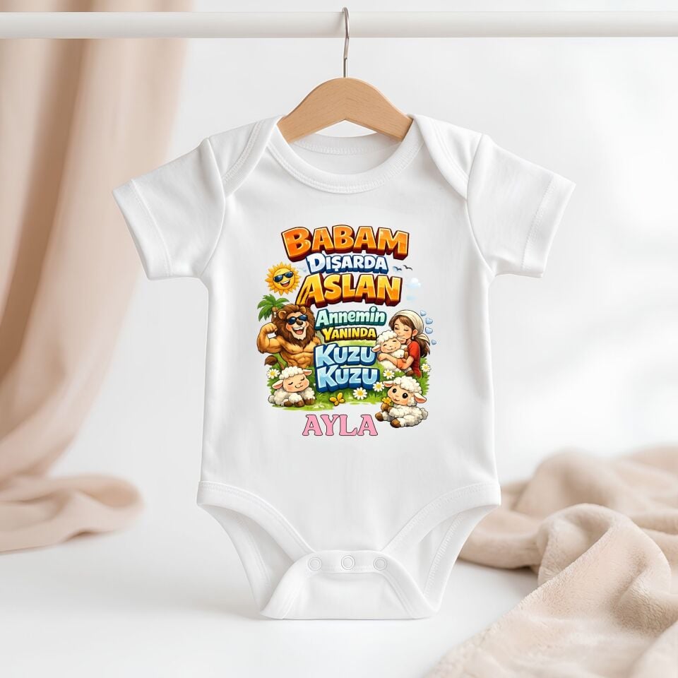 Kişiye Özel Babam Dışarda Aslan Annemin Yanında Kuzu Kuzu Bebek Zıbın %100 Pamuk İsimli Bebek Body