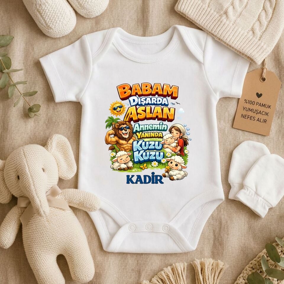 Kişiye Özel Babam Dışarda Aslan Annemin Yanında Kuzu Kuzu Bebek Zıbın %100 Pamuk İsimli Bebek Body