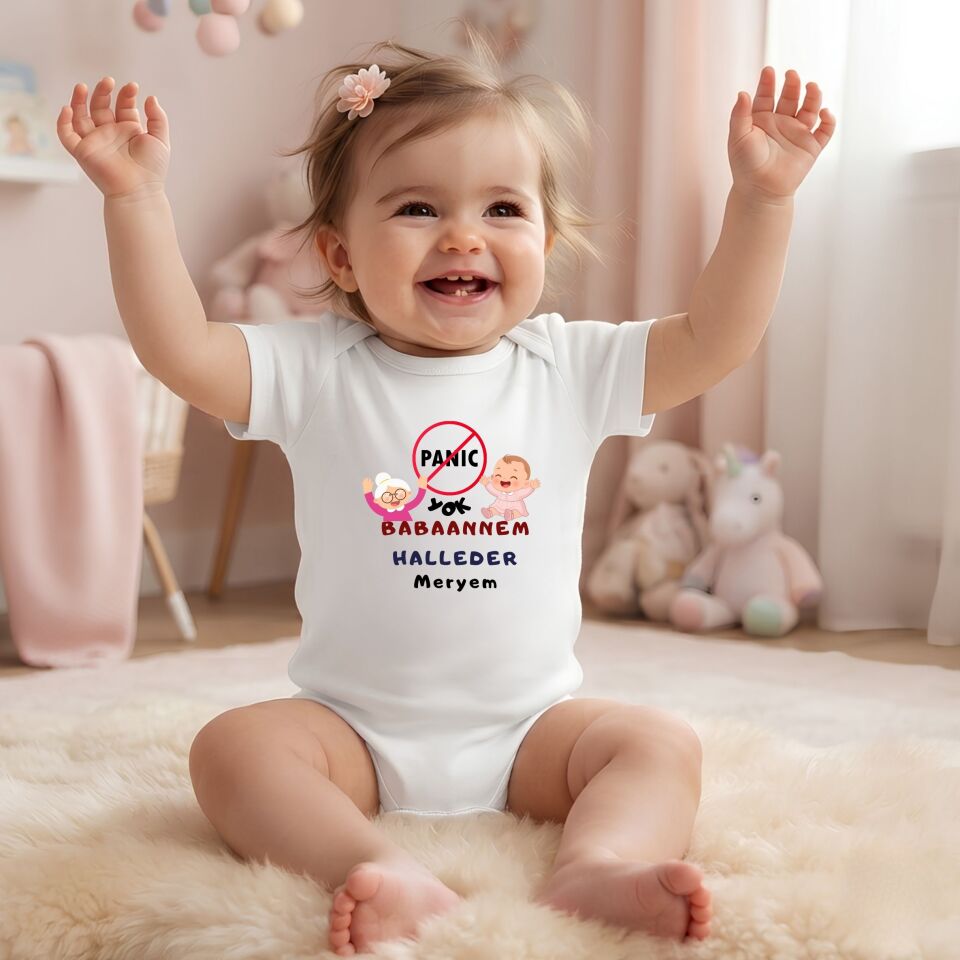 Kişiye Özel Panik Yok Dedem Babaannem Halleder Bebek Zıbın %100 Pamuk İsimli Bebek Body