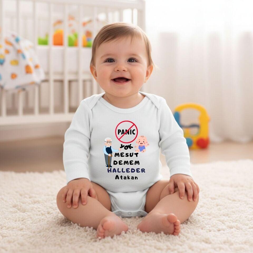 Kişiye Özel Panik Yok Dedem Babaannem Halleder Bebek Zıbın %100 Pamuk İsimli Bebek Body
