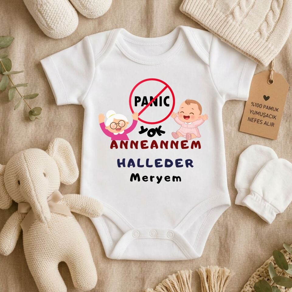 Kişiye Özel Panik Yok Dedem Babaannem Halleder Bebek Zıbın %100 Pamuk İsimli Bebek Body