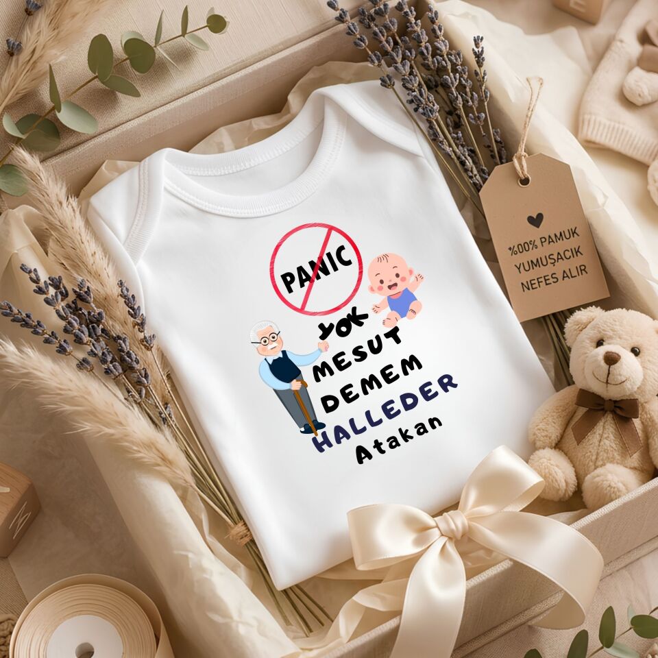 Kişiye Özel Panik Yok Dedem Babaannem Halleder Bebek Zıbın %100 Pamuk İsimli Bebek Body