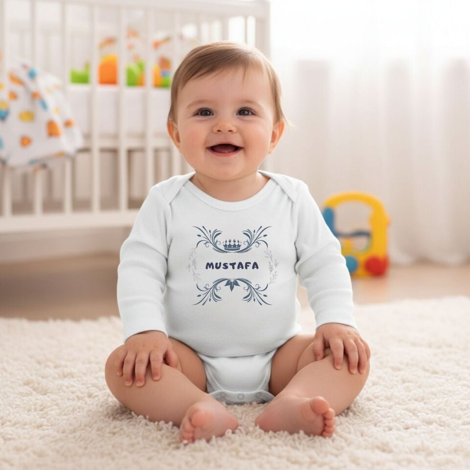 Kişiye Özel Tasarım Bebek Zıbını İsim Yazılı Taçlı Yaprak Çerçeveli Pamuklu Bebek Body