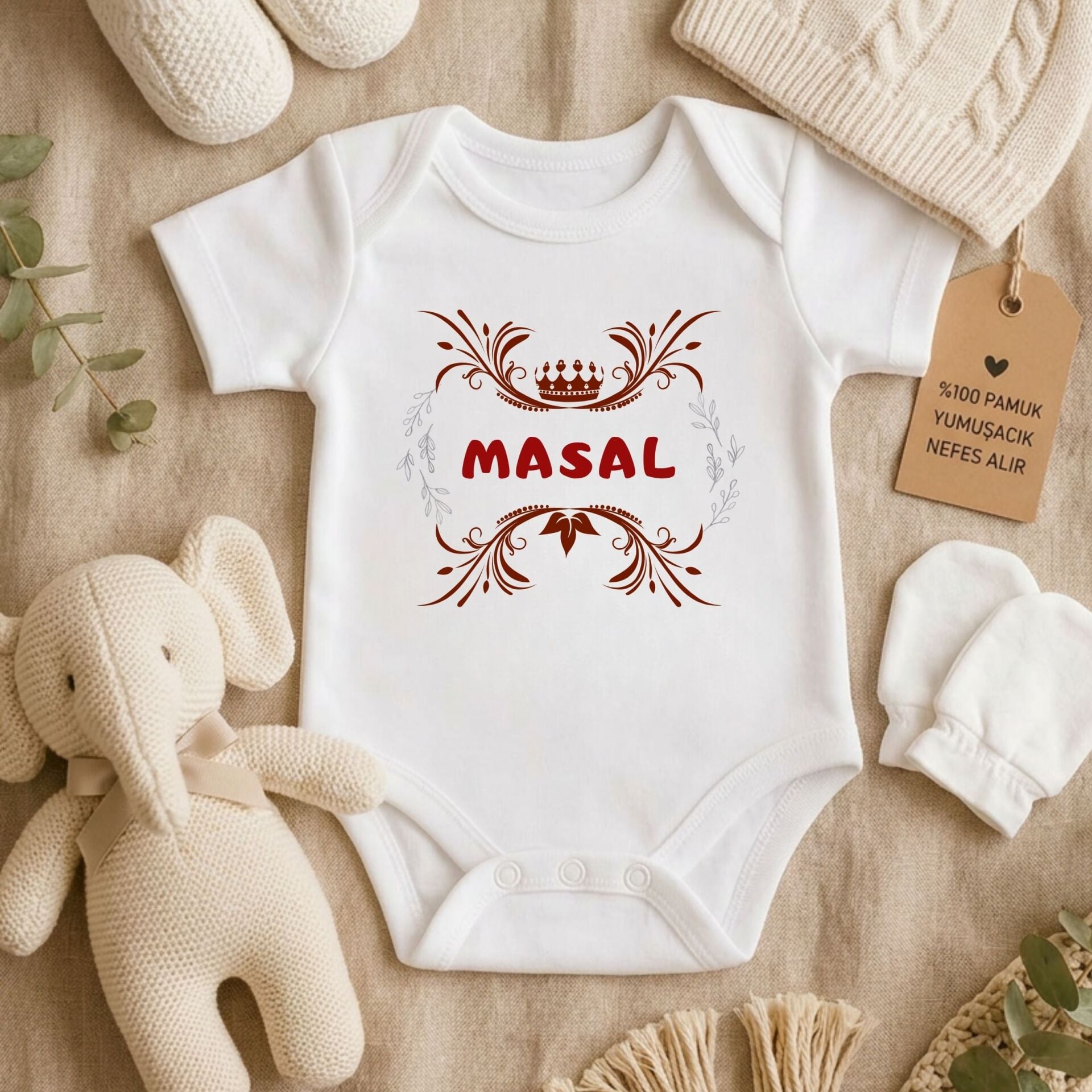 Kişiye Özel Tasarım Bebek Zıbını İsim Yazılı Taçlı Yaprak Çerçeveli Pamuklu Bebek Body