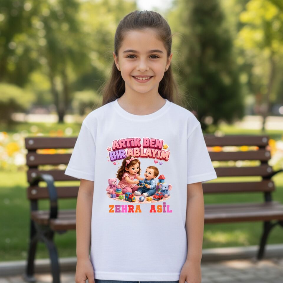 Kişiye Özel İsim ve Tarih Baskılı ''Artık Ben Bir Ablayım'' Çocuk Tişörtü – Kardeş Duyuru Hediyesi