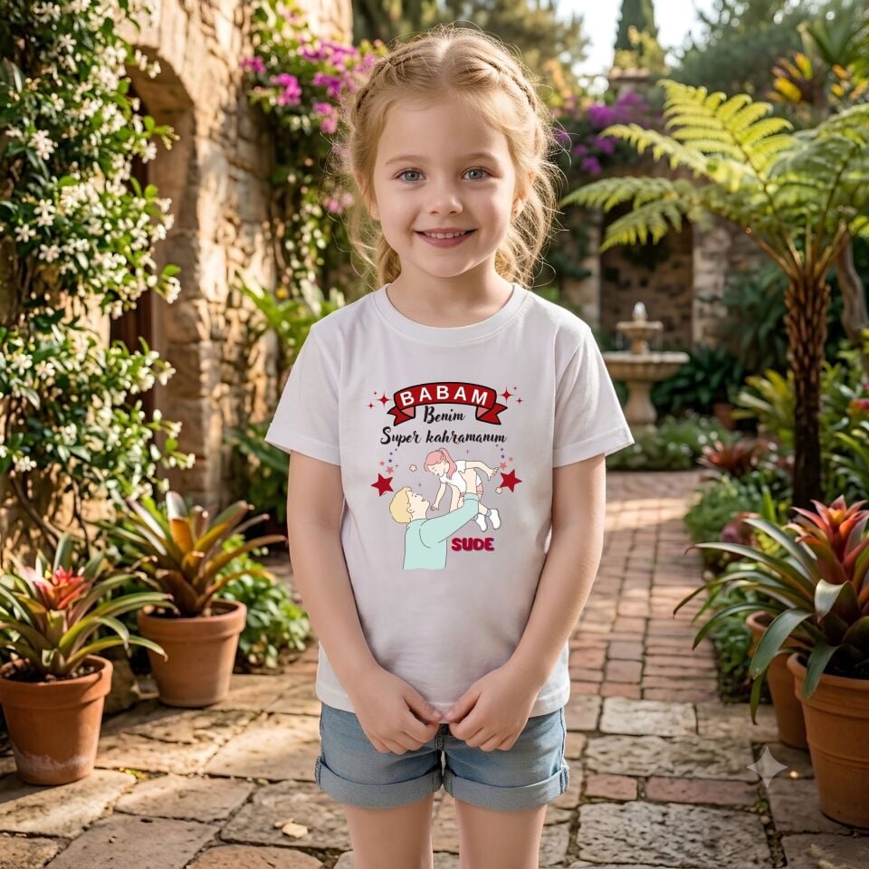 Kişiye Özel İsimli Babam Benim Süper Kahramanım Çocuk Tişörtü %100 Pamuklu