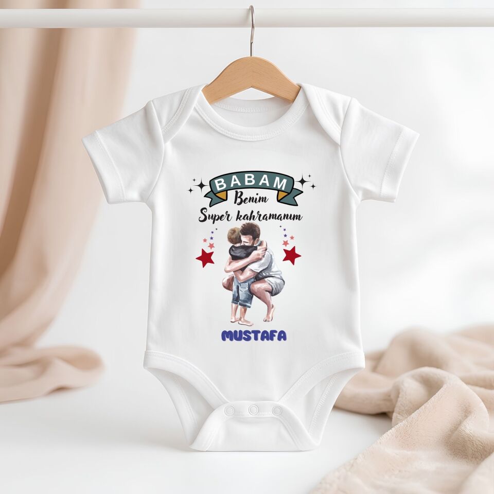 Kişiye Özel İsimli Babam Benim Süper Kahramanım Bebek Zıbın %100 Pamuklu Body