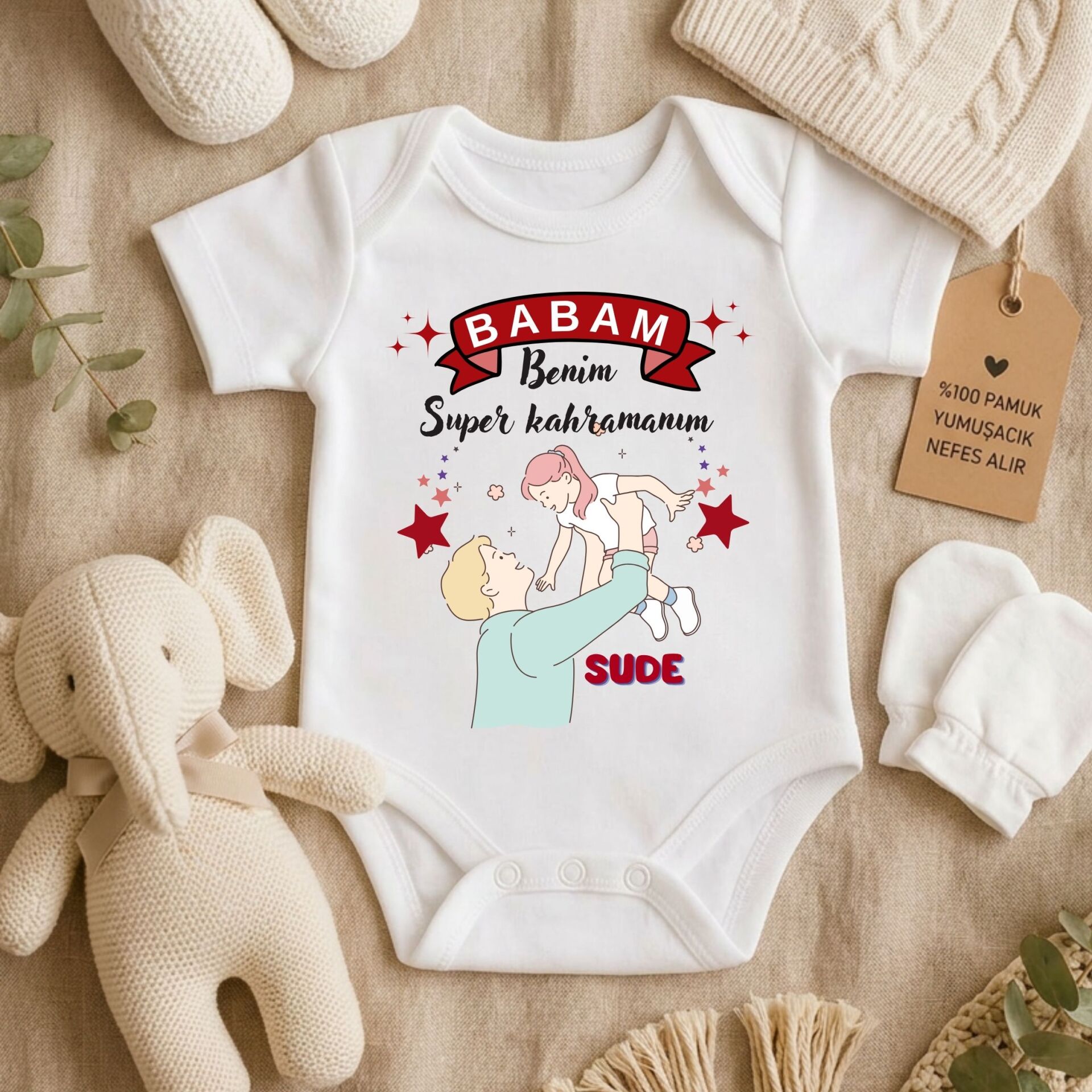 Kişiye Özel İsimli Babam Benim Süper Kahramanım Bebek Zıbın %100 Pamuklu Body
