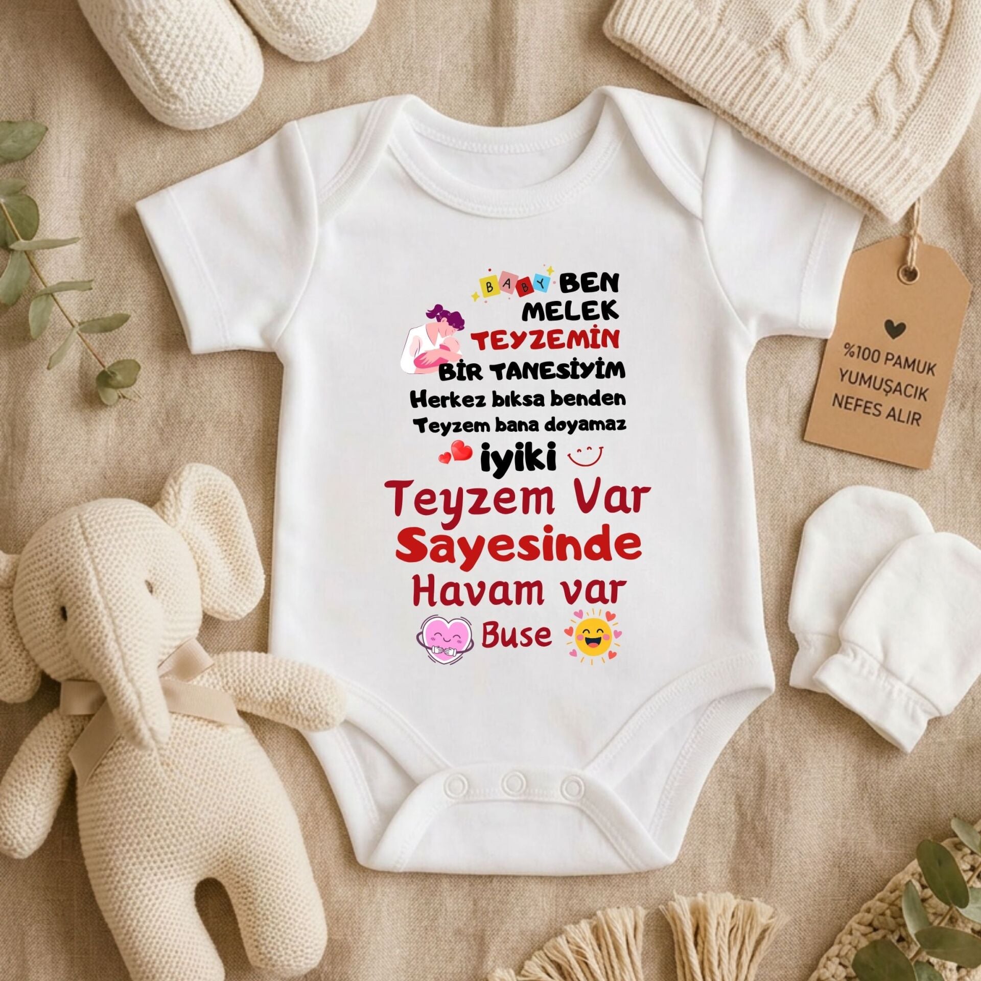 Kişiye Özel İsimli Teyzemin-Halamın Sayesinde Havam Var Bebek Zıbın %100 Pamuklu Body