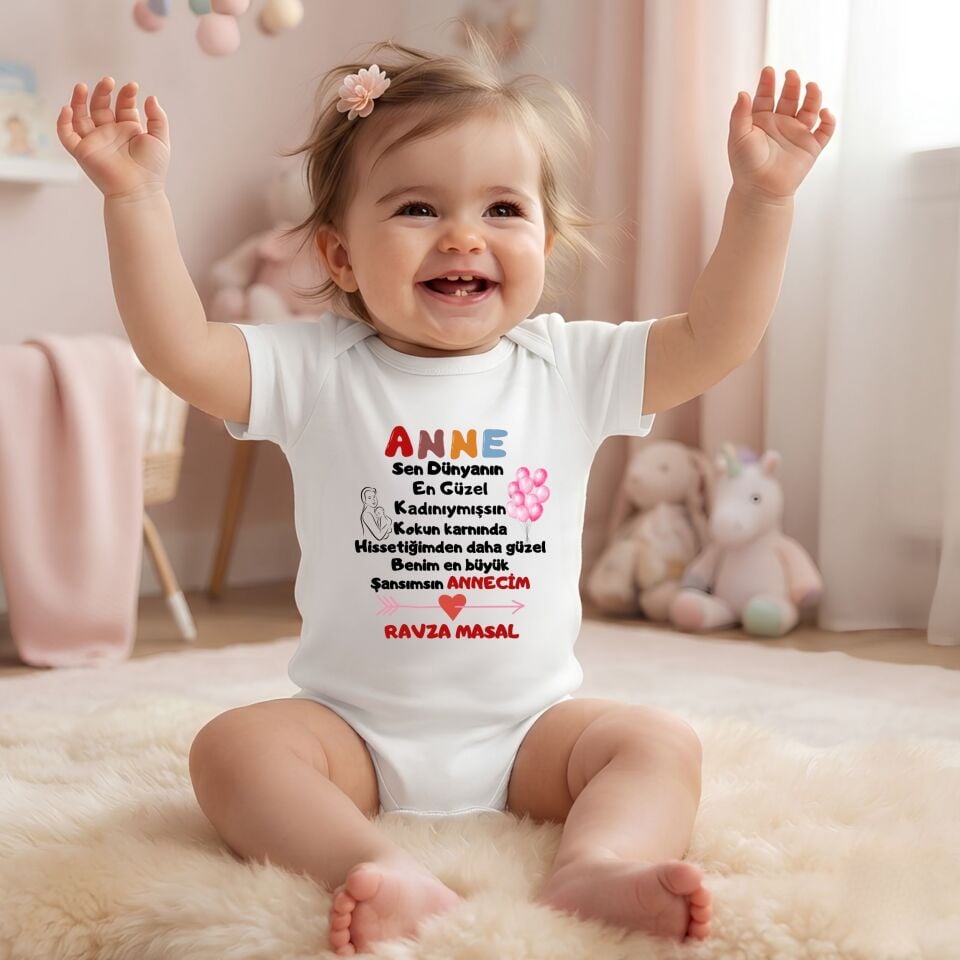 Kişiye Özel İsimli Annem Sen Dünyanın En Güzel Kadınıymışsın Bebek Zıbın %100 Pamuklu Body