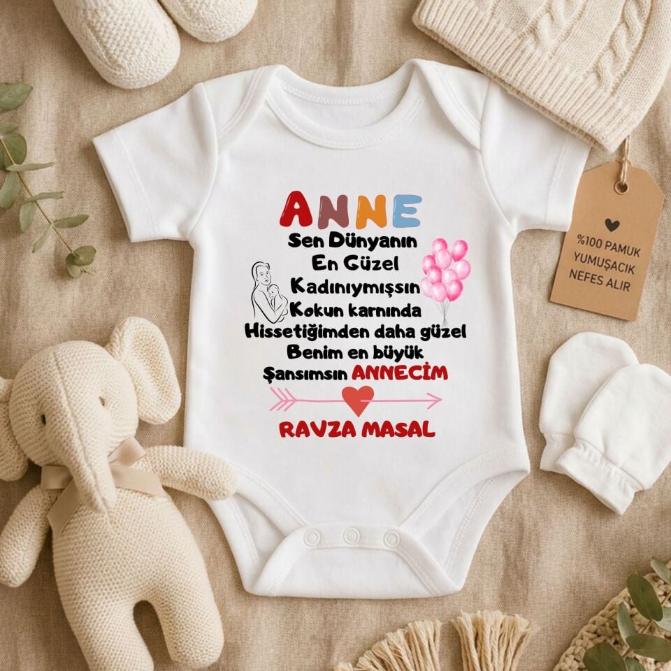 Kişiye Özel İsimli Annem Sen Dünyanın En Güzel Kadınıymışsın Bebek Zıbın %100 Pamuklu Body