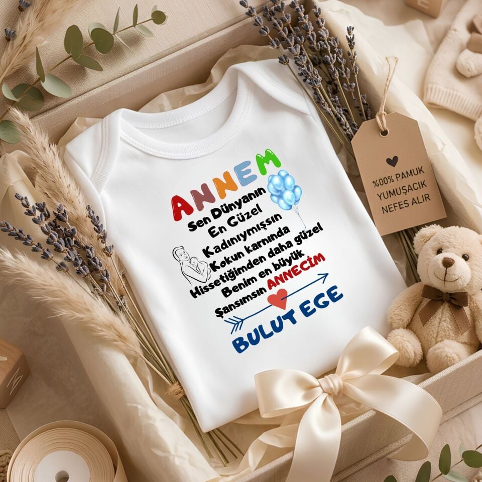 Kişiye Özel İsimli Annem Sen Dünyanın En Güzel Kadınıymışsın Bebek Zıbın %100 Pamuklu Body