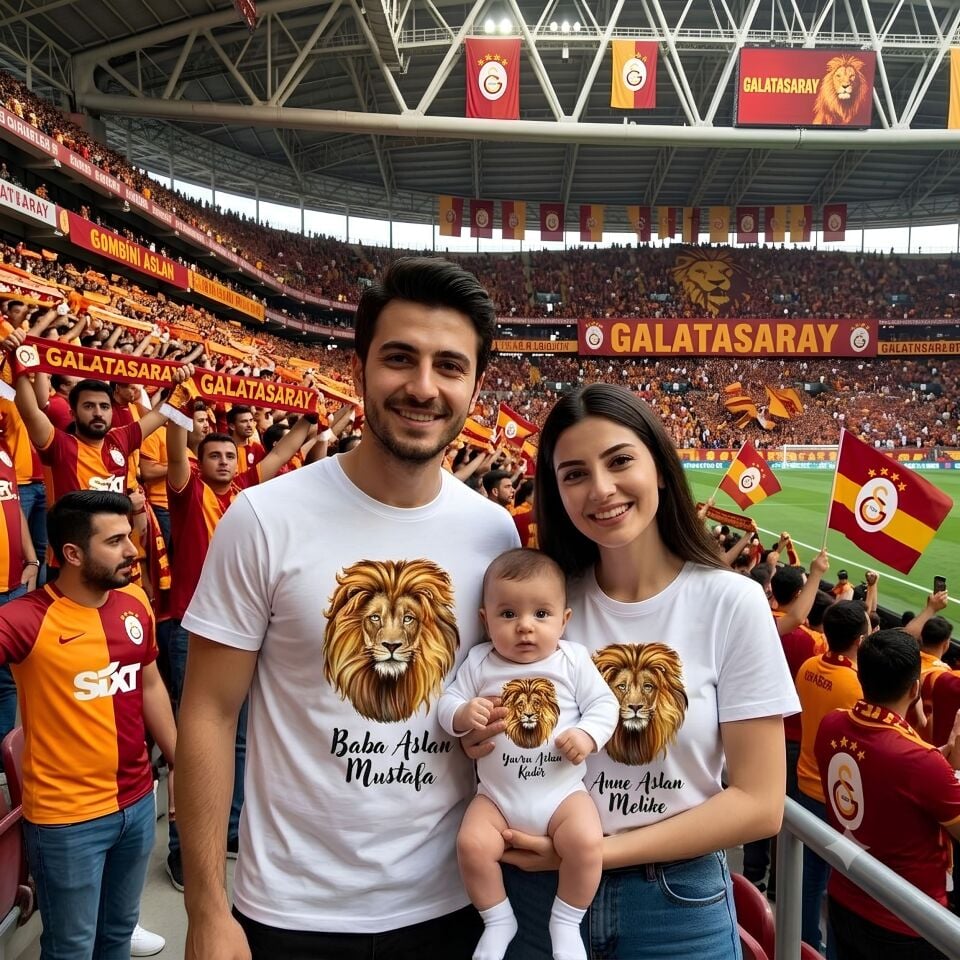 Kişiye Özel İsimli Aslan Aile Kombini Tişört ve Bebek Zıbın Seti %100 Pamuklu