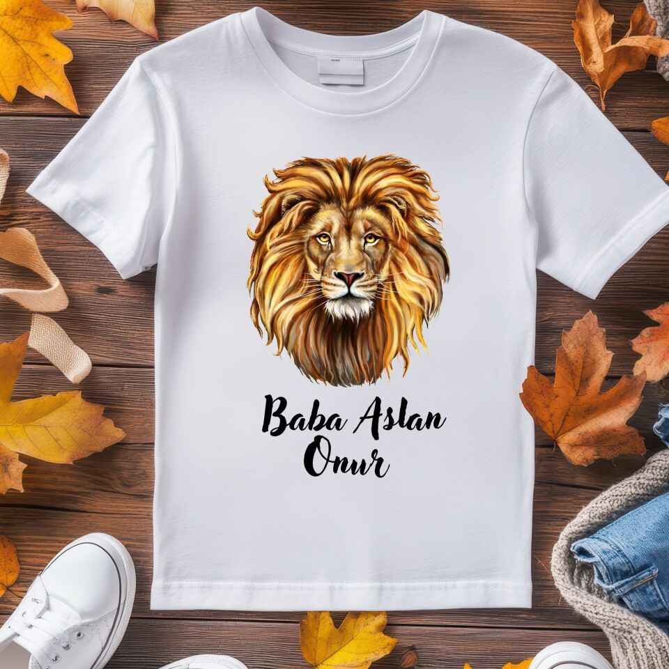 Kişiye Özel İsimli Aslan 2'li Kombin Tişört ve Bebek Zıbın Seti %100 Pamuklu