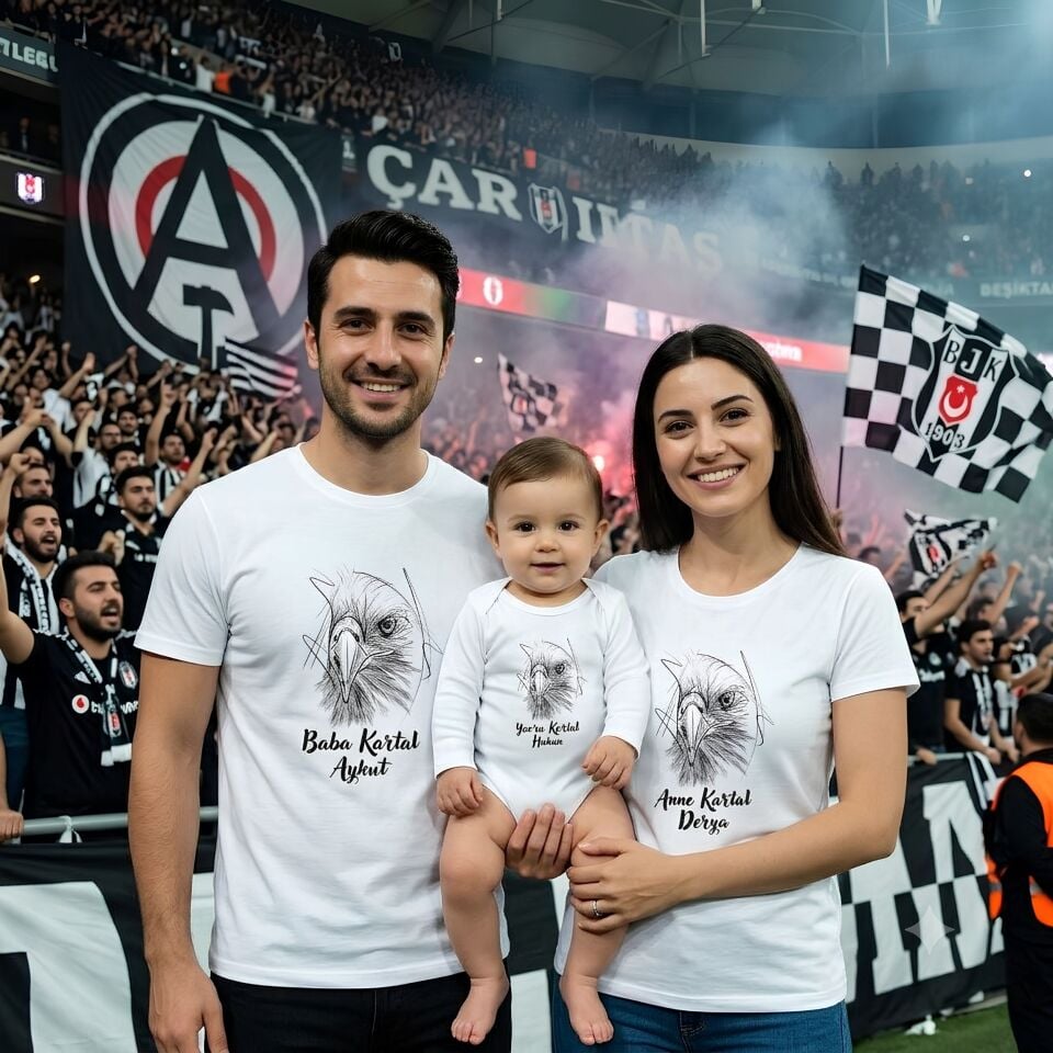 Kişiye Özel İsimli Kartal Aile Kombini Tişört ve Bebek Zıbın Seti %100 Pamuklu