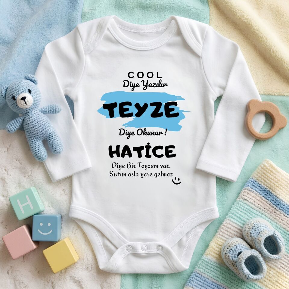 Kişiye Özel İsimli Bebek Zıbını – ''Cool Diye Yazılır Teyze / Hala Diye Okunur'' Tasarımlı Pamuklu Bebek Zıbın