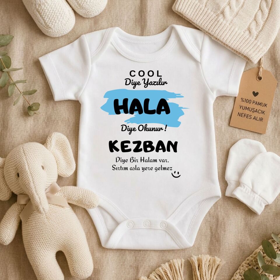 Kişiye Özel İsimli Bebek Zıbını – ''Cool Diye Yazılır Teyze / Hala Diye Okunur'' Tasarımlı Pamuklu Bebek Zıbın