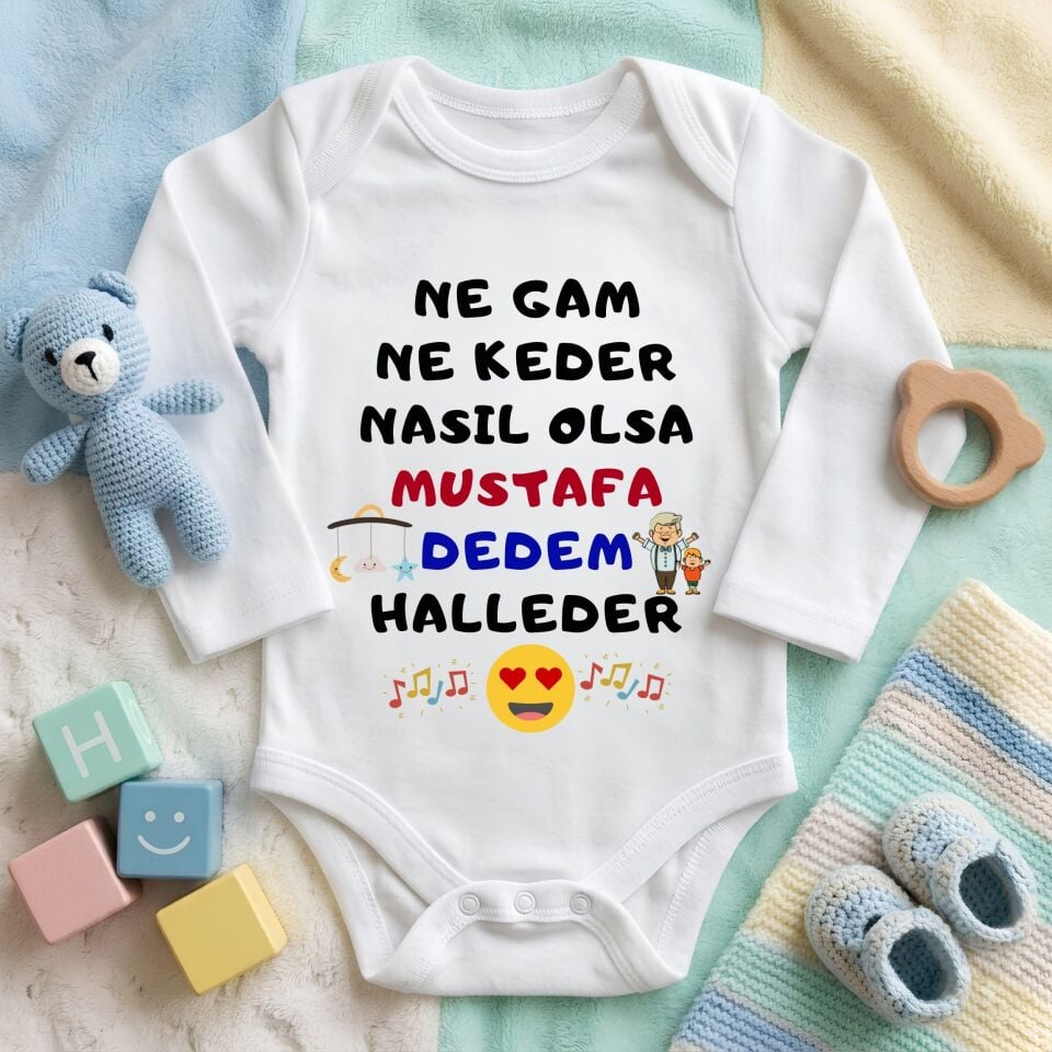 Kişiye Özel İsimli Bebek Zıbını – Ne Gam Ne Keder Nasıl Olsa Dedem Halleder Esprili Pamuklu Bebek Body