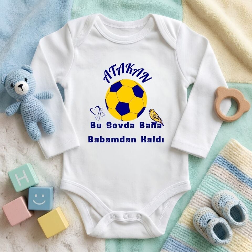 Kişiye Özel İsim, Kanarya ve Futbol Topu Figürlü ''Bu Sevda Bana Babamdan Kaldı'' Bebek Zıbını