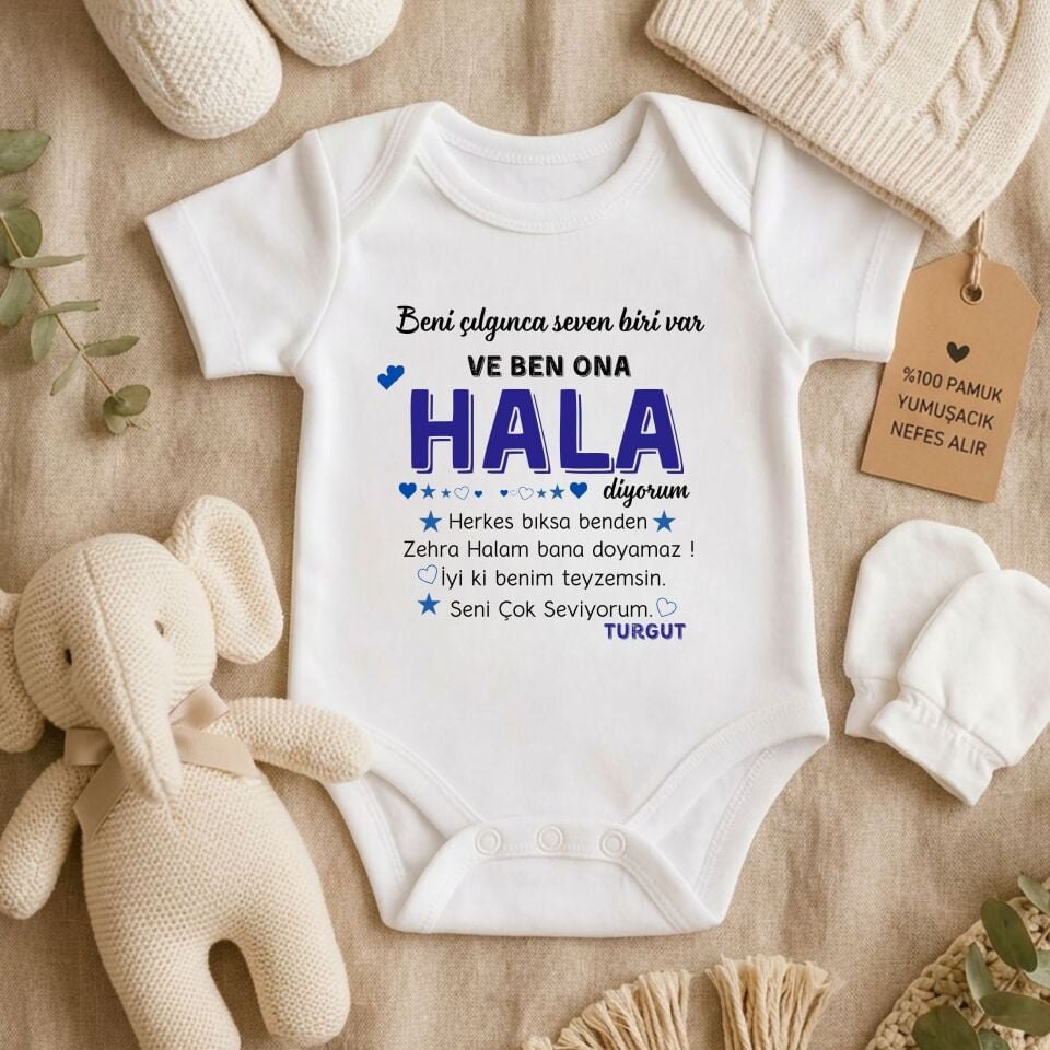 Kişiye Özel İsimli Halaya ve Teyzeye Özel Bebek Zıbını – %100 Pamuklu Baskılı Bebek Bodysuit