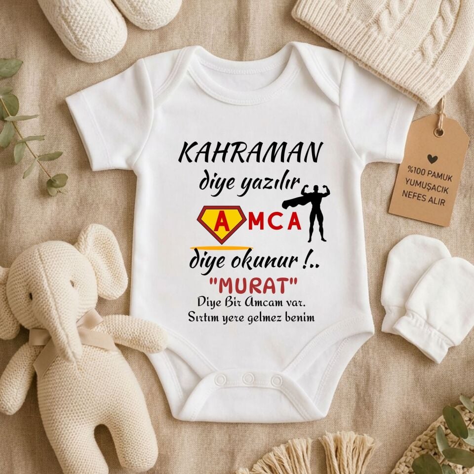 Kişiye Özel İsimli Bebek Zıbını – Kahraman Diye Yazılır Amca Dayı Diye Okunur Pamuklu Bebek Body