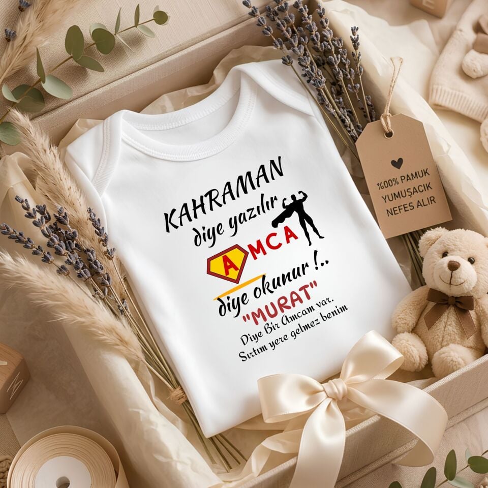 Kişiye Özel İsimli Bebek Zıbını – Kahraman Diye Yazılır Amca Dayı Diye Okunur Pamuklu Bebek Body