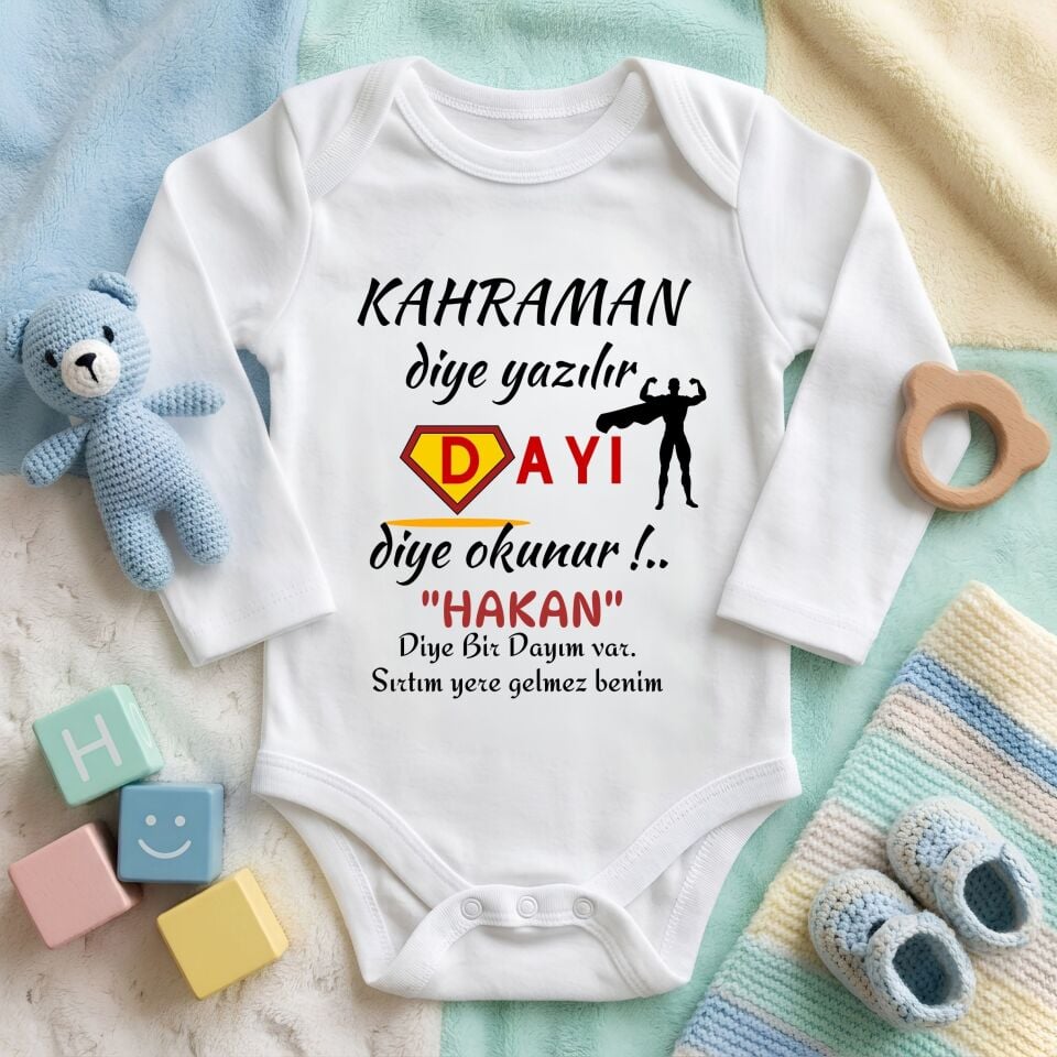 Kişiye Özel İsimli Bebek Zıbını – Kahraman Diye Yazılır Amca Dayı Diye Okunur Pamuklu Bebek Body