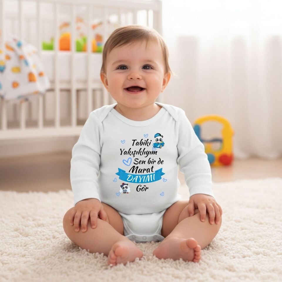 Kişiye Özel İsimli Bebek Zıbını – Tabiki Yakışıklıyım Sen Bir De Amcamı / Dayımı Gör Esprili Pamuklu Bebek Body