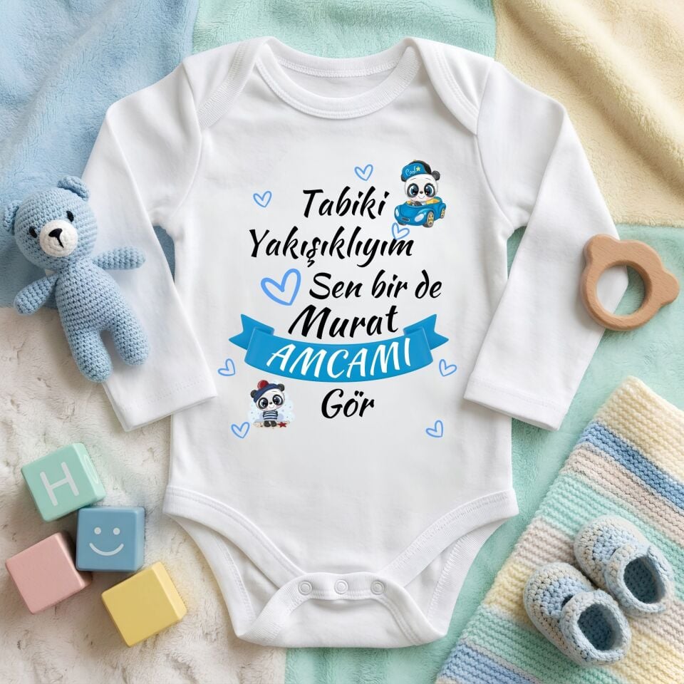 Kişiye Özel İsimli Bebek Zıbını – Tabiki Yakışıklıyım Sen Bir De Amcamı / Dayımı Gör Esprili Pamuklu Bebek Body