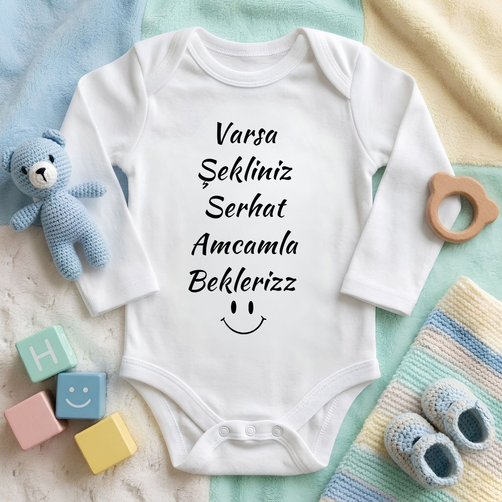 Kişiye Özel İsimli Bebek Zıbını – Varsa Şekliniz Amcamla / Dayımla Bekleriz Esprili Pamuklu Bebek Body