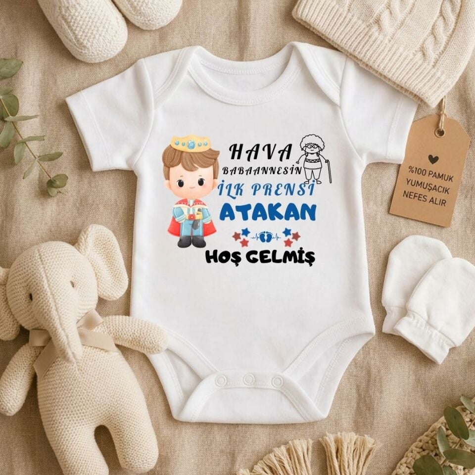 Kişiye Özel İsimli Bebek Zıbını – Babaannesinin Anneannesinin Dedesinin İlk Prensi Hoş Gelmiş Pamuklu Bebek Body