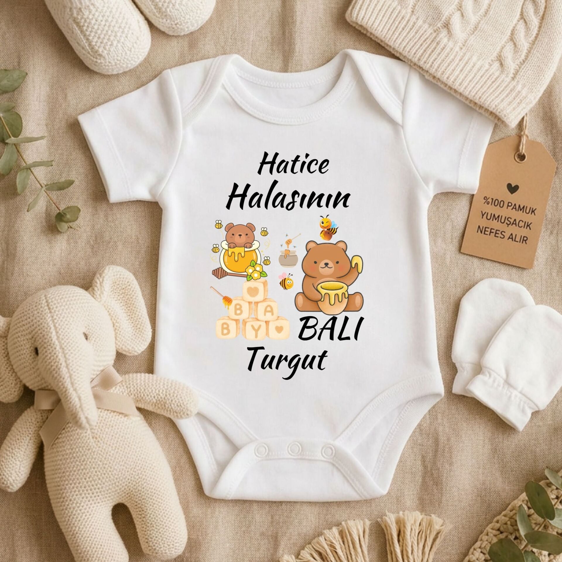 Kişiye Özel İsimli Bebek Zıbını – Halasının / Teyzesinin Balı Ayıcık Temalı Pamuklu Bebek Body