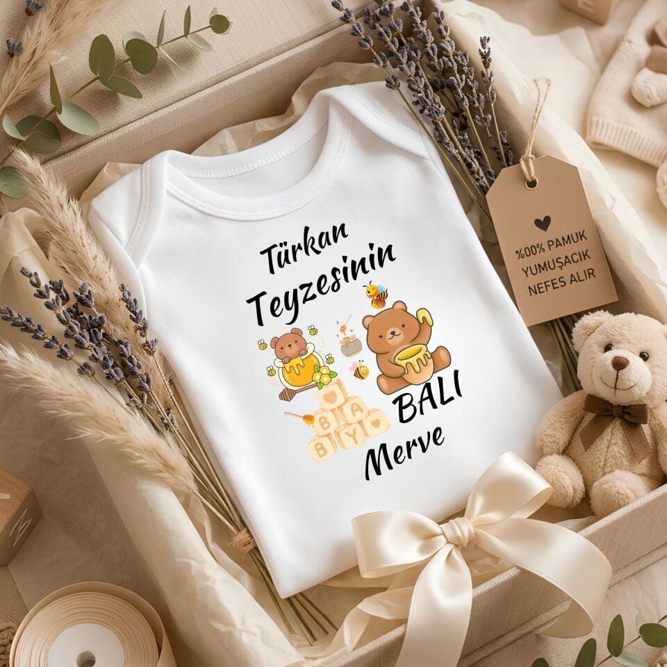 Kişiye Özel İsimli Bebek Zıbını – Halasının / Teyzesinin Balı Ayıcık Temalı Pamuklu Bebek Body