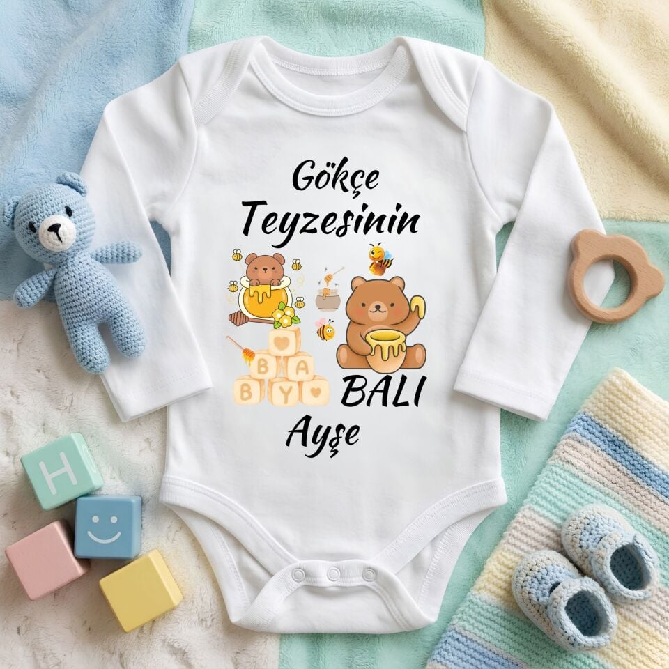 Kişiye Özel İsimli Bebek Zıbını – Halasının / Teyzesinin Balı Ayıcık Temalı Pamuklu Bebek Body