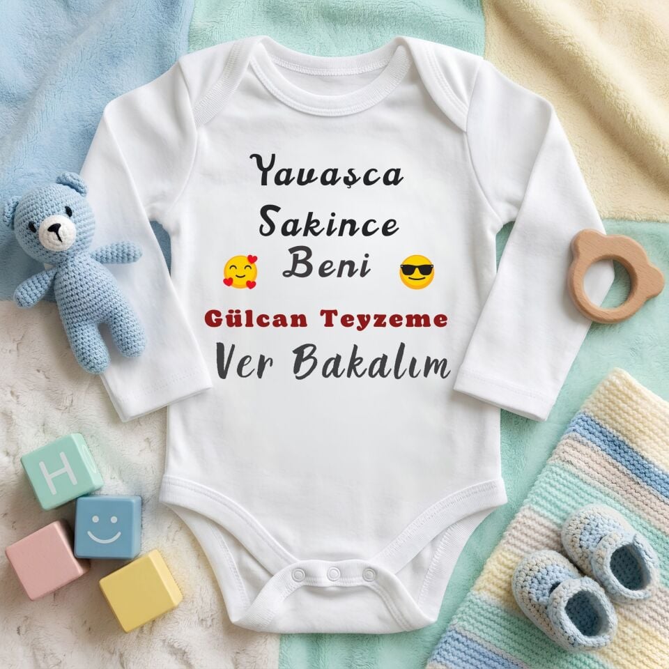 Kişiye Özel İsimli Bebek Zıbını – Yavaşca Sakince Beni Teyzeme / Halama Ver Bakalım Esprili Pamuklu Bebek Body