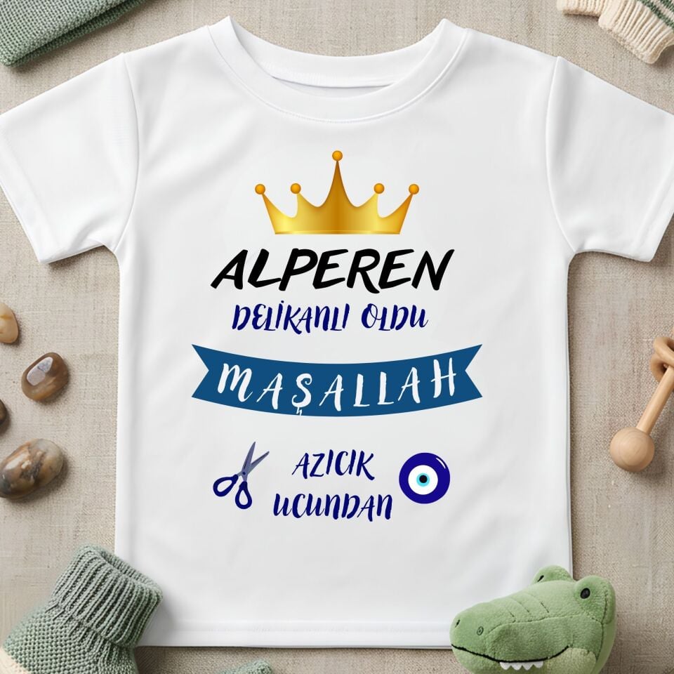 Kişiye Özel İsimli Sünnet Tişörtü – Delikanlı Oldu Maşallı Azıcık Ucundan Esprili Pamuklu Çocuk Tişörtü