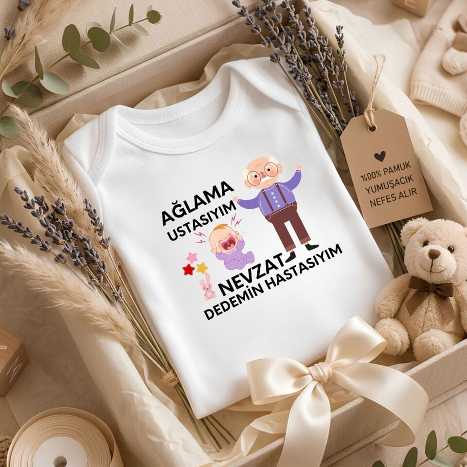 Kişiye Özel İsimli Bebek Zıbını – Ağlama Ustasıyım Dedemin Hastasıyım Esprili Pamuklu Bebek Body