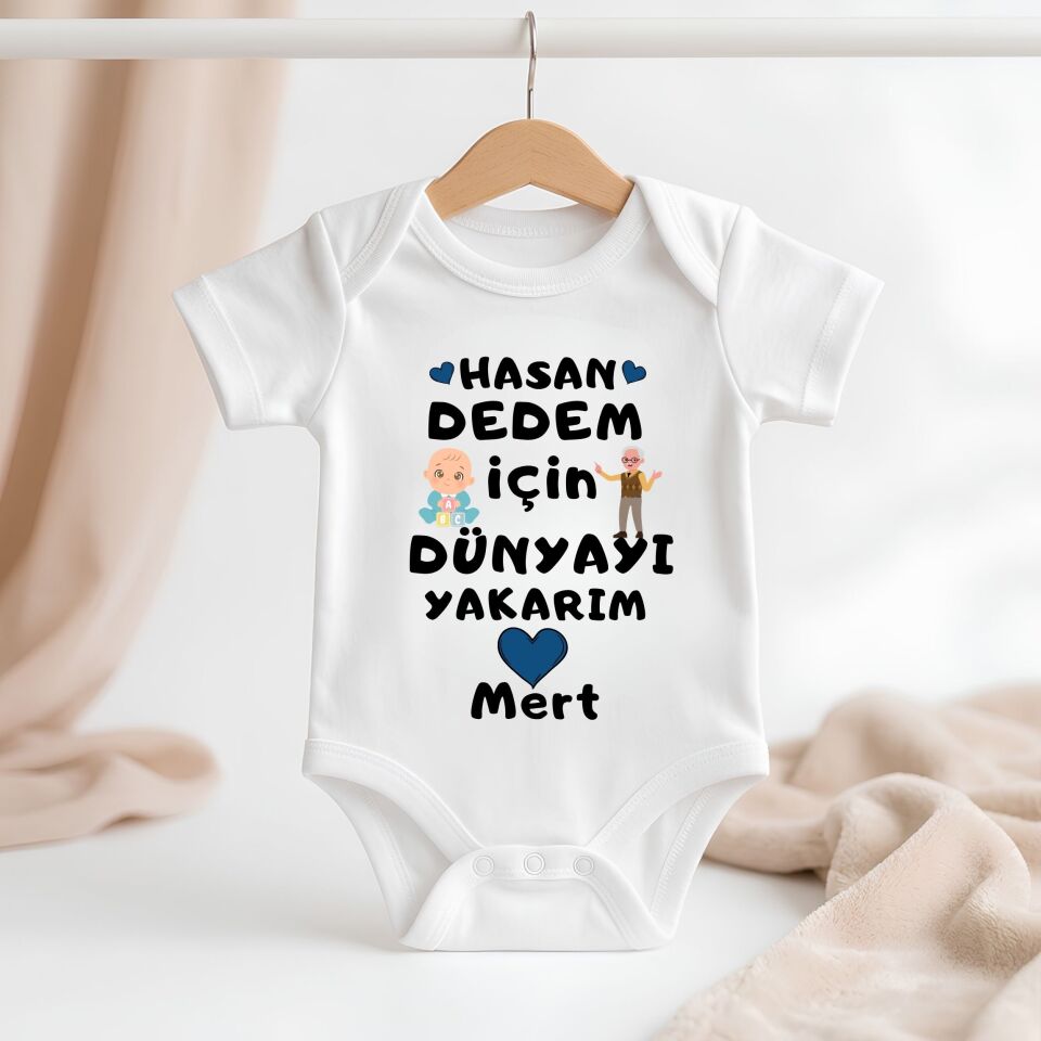 Kişiye Özel İsimli Bebek Zıbını – Dedem İçin Dünyayı Yakarım Esprili Pamuklu Bebek Body