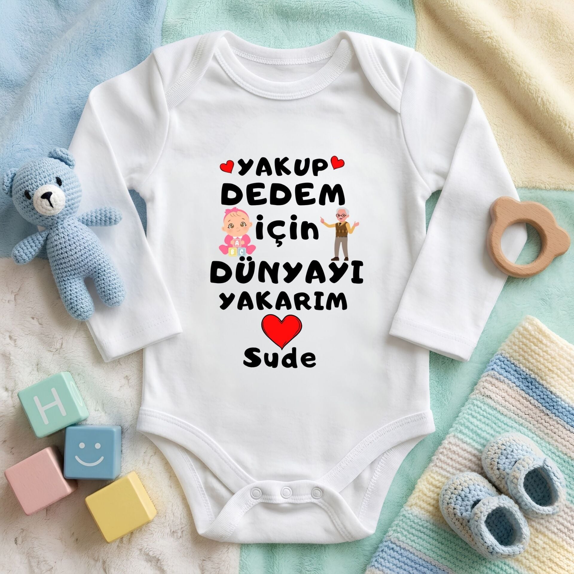 Kişiye Özel İsimli Bebek Zıbını – Dedem İçin Dünyayı Yakarım Esprili Pamuklu Bebek Body