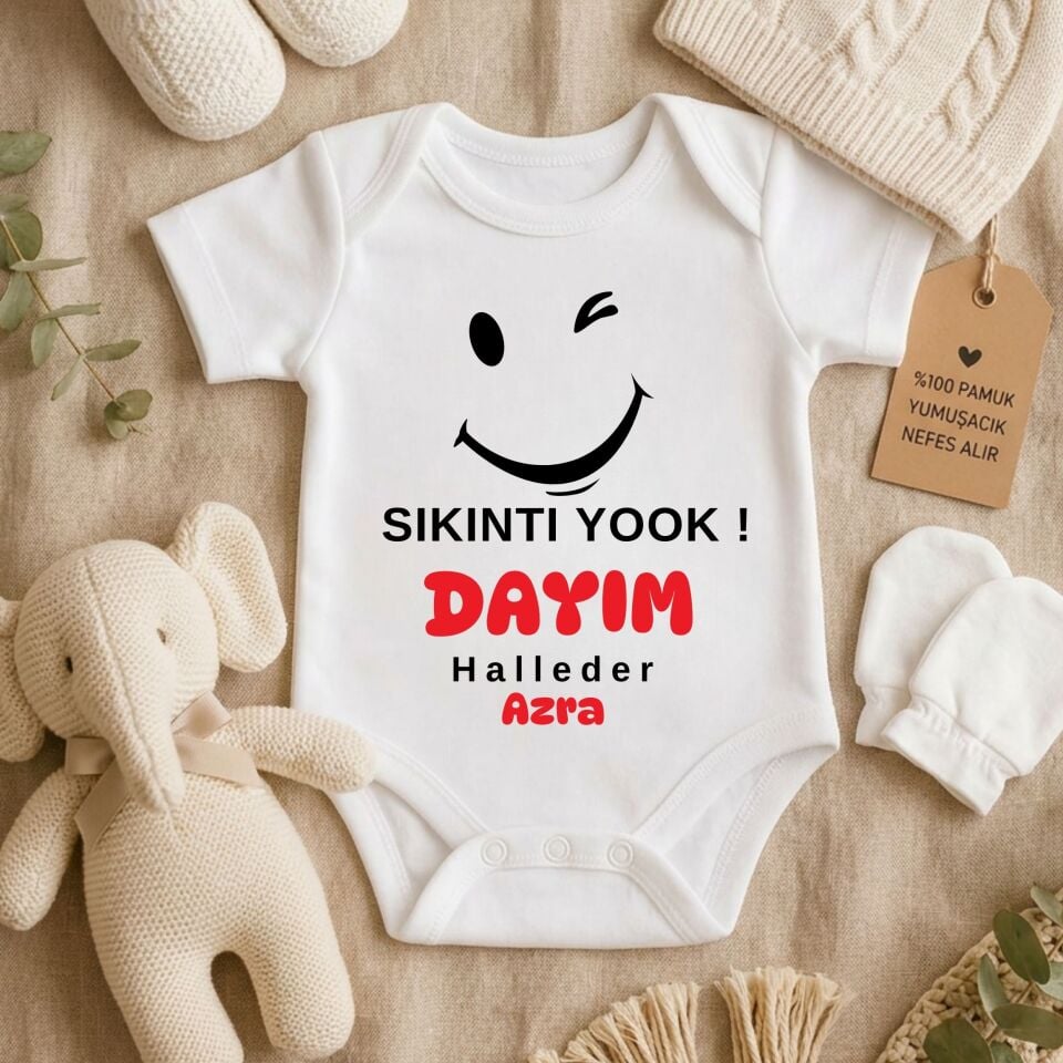 Kişiye Özel İsimli Bebek Zıbını – Sıkıntı Yok Dayım / Amcam Halleder Esprili Pamuklu Bebek Body