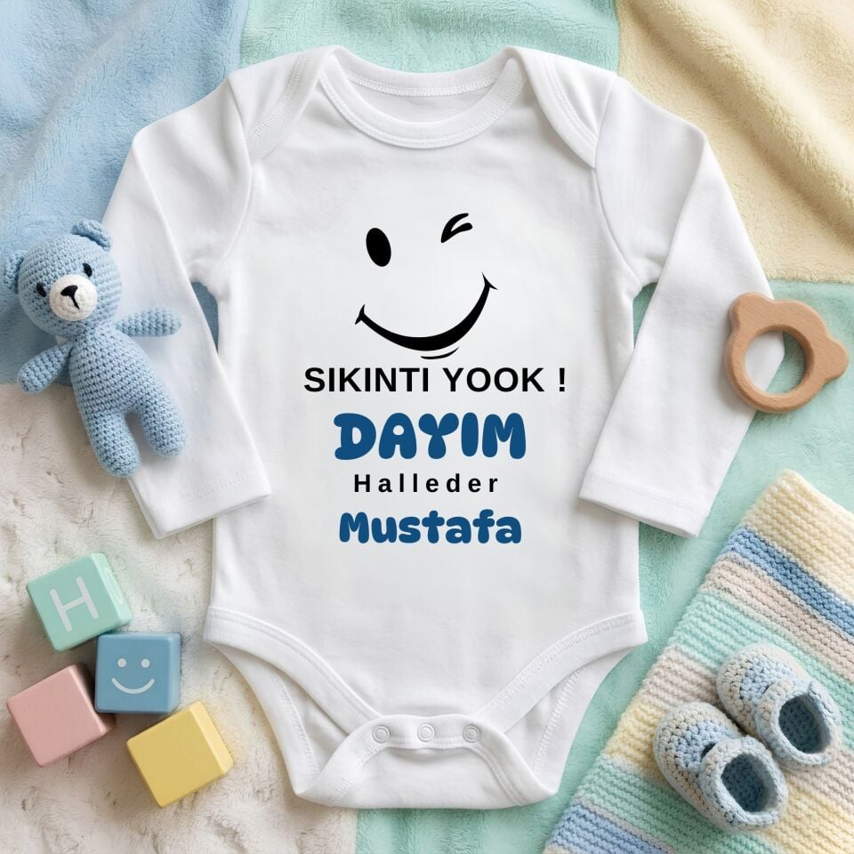 Kişiye Özel İsimli Bebek Zıbını – Sıkıntı Yok Dayım / Amcam Halleder Esprili Pamuklu Bebek Body