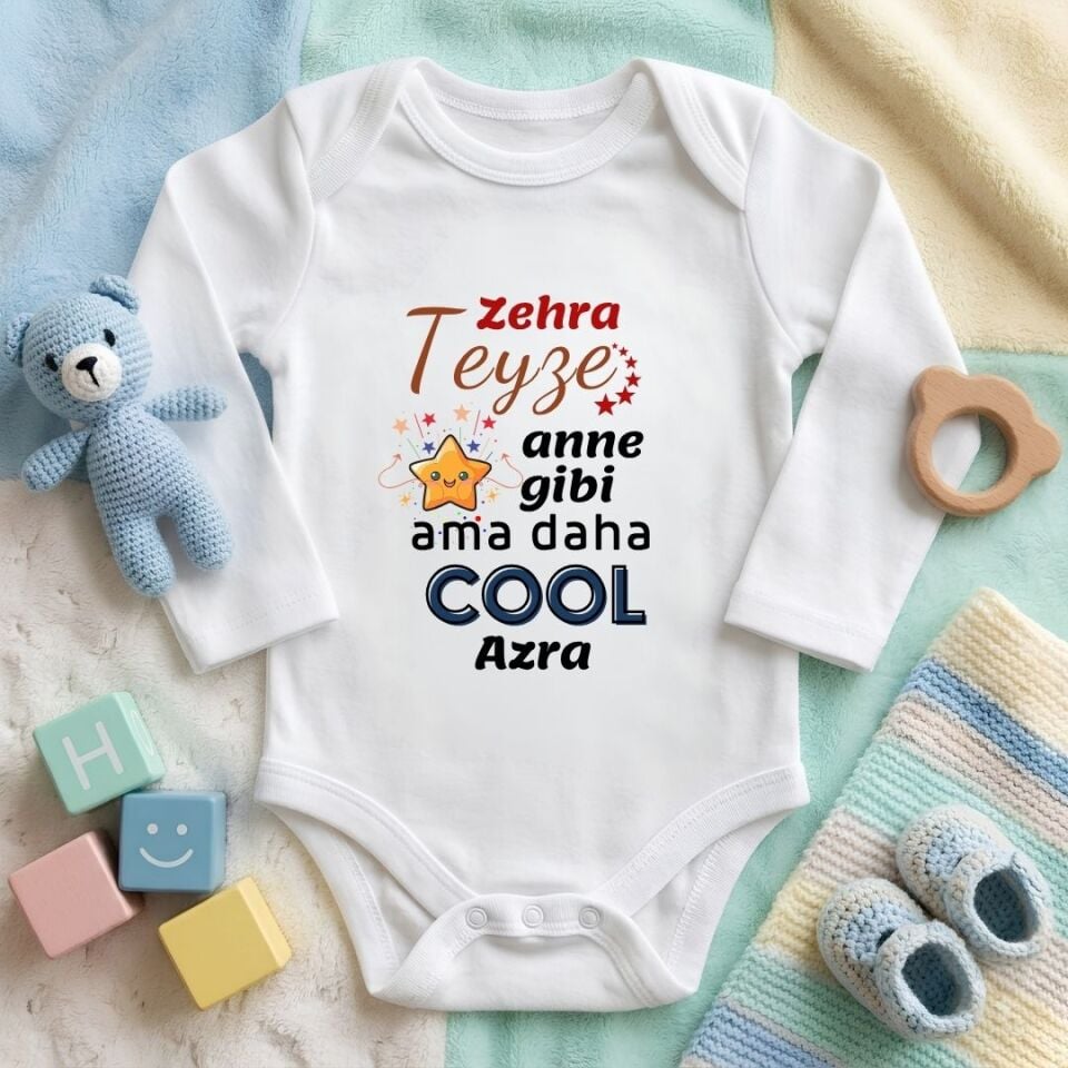 Kişiye Özel İsim Baskılı ''Teyze Anne Gibi Ama Daha Cool'' Bebek Zıbını