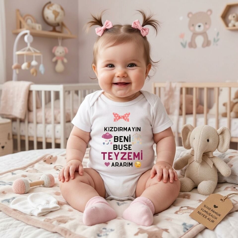 Kişiye Özel İsimli Bebek Zıbını – ''Kızdırmayın Beni Halamı / Teyzemi Ararım'' Baskılı Pamuklu Esprili Bebek Zıbın