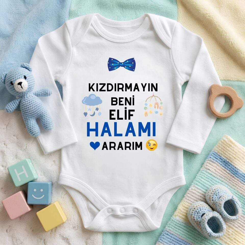 Kişiye Özel İsimli Bebek Zıbını – ''Kızdırmayın Beni Halamı / Teyzemi Ararım'' Baskılı Pamuklu Esprili Bebek Zıbın